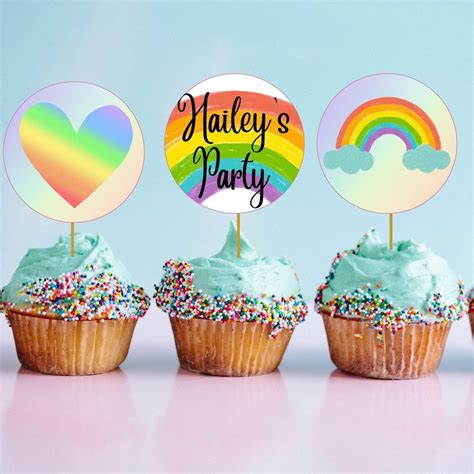 Rainbow Birthday Cupcake Toppers, Rainbow Cupcake Decor, Rainbow Party ...