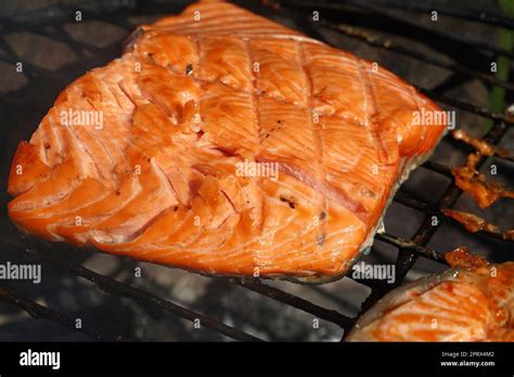 Cooking Salmon Fish Steak On Bbq Grill Stock Photo Alamy