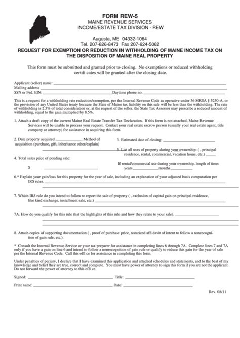 Form Rew 5 Request For Exemption Or Reduction In Withholding Of Maine