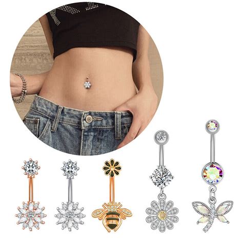 Dangled Belly Button Rings Surgical Steel Navel Piercing Crystal Bee