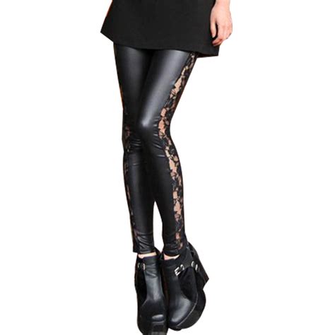 M Xl Goth Punk Wetlook Side Lace Trims Sexy Black Leggings Tights Pants