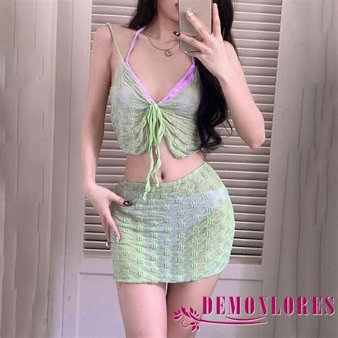 Demonlores Women 4 Piece Bikini Set Summer Halter Bra With Bottom With Cover Up Sheer Skirt