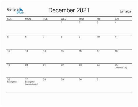 Printable December 2021 Monthly Calendar With Holidays For Jamaica