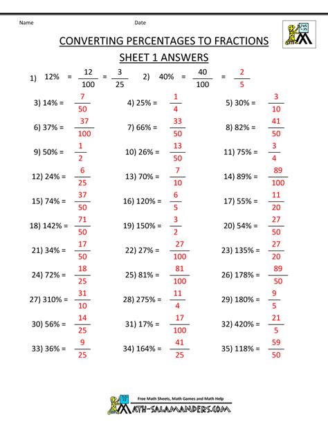 Change Fraction To Percent Worksheet