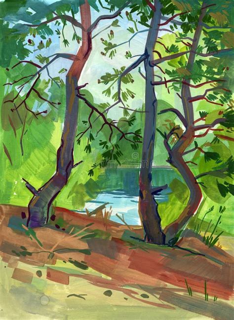 Painted Watercolor Landscape With A Pine Tree In The Foreground Stock