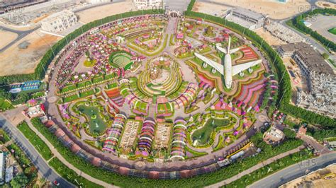 February 28, 2018: Aerial view of The unusual colorful Dubai Miracle ...