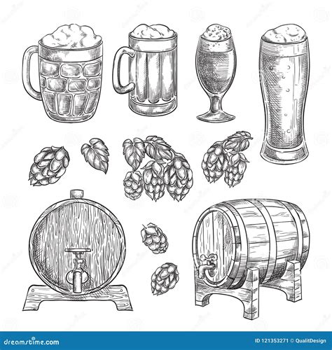 Beer Sketch Vector Illustration Glasses Mugs Hops Barrel Hand Drawn Isolated Elements For