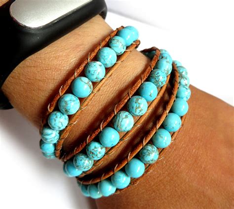 Bracciale Da Donna Artigianale In Cuoio E Perle Howlite Celeste Sti