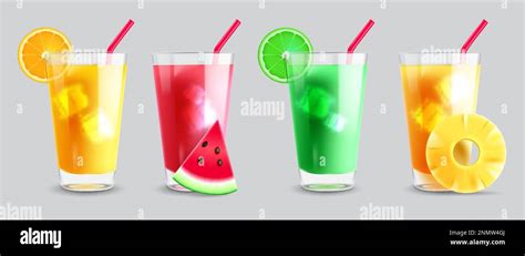 Summer Juice Vector Set Design Summer Fruit Drinks Iced Soda And