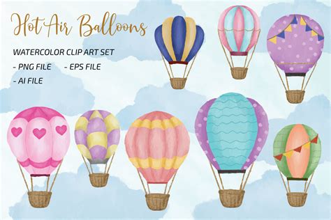 Hot Air Balloon Watercolor Clip Art PNG Graphic By UrufaArt Creative