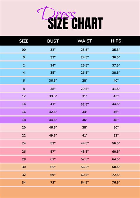 Free Dress Size Chart Templates Editable And Printable