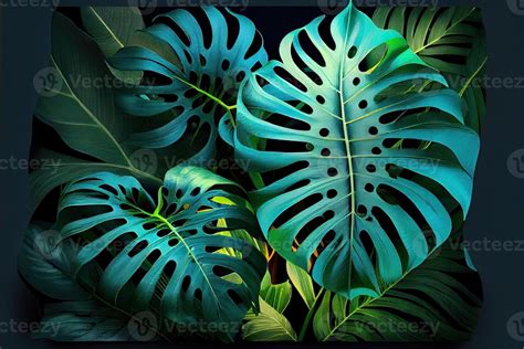 Illustration Of Dark Green Tropical Leaves Colorful Neon Light Backlight Leaves Composition