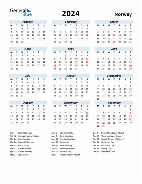 2024 Yearly Calendar For Norway With Holidays