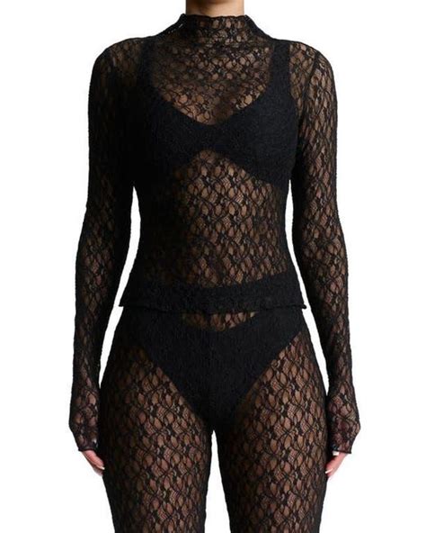 Naked Wardrobe Mock Neck Lace Top In Black Lyst