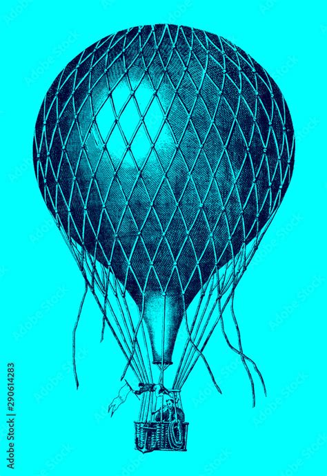 Historical balloon flying with two men on board in front of a blue ...