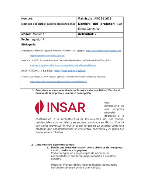 Act 2 Nombre Matrícula Al Nombre del curso Diseño organizacional