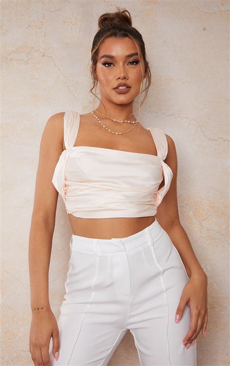 Blush Satin Extreme Ruched Strap Detail Square Neck Crop Top