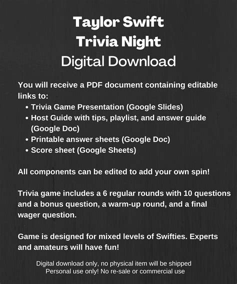 Taylor Swift Trivia Game digital Download, Trivia Night Party