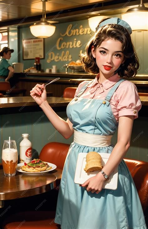 Premium Photo Pinup Waitress In Retro Cafe Beautiful Girl 1950s And