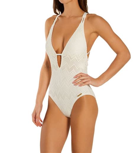 Women's Vince Camuto V90713 Crochet Lace Plunging V Neck One Piece