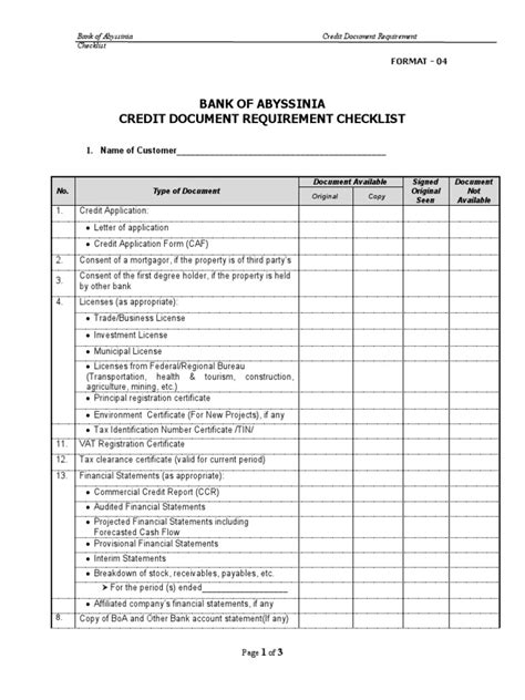 Credit Document Requirement Checklist In Abyssinia Bank Pdf