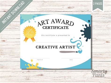 Printable Art Award Certificate For Classroom Use Award Certificate