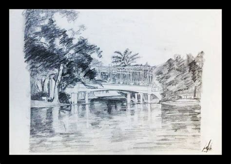 A Pencil Drawing Of A Bridge Over Water