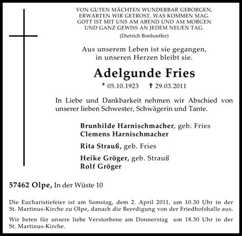 Traueranzeigen Von Adelgunde Fries Trauer In NRW De