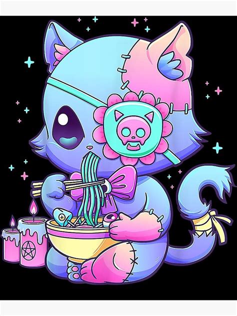 Pastel Goth Aesthetic Kawaii Creepy Cat Eating Ramen Noodles T Shirt