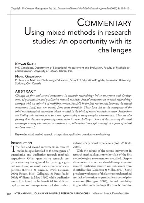 Pdf Commentary Using Mixed Methods In Research Studies An