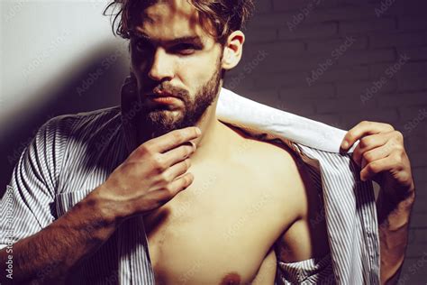 Sexy Man Or Muscular Athlete Gay With Muscle Torso In Unbutton Shirt
