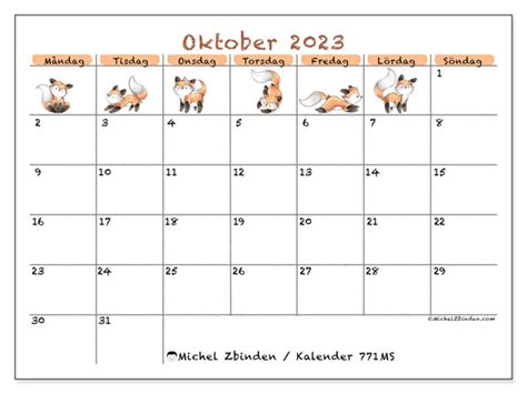 Kalender oktober 2023 för att skriva ut 771MS Michel Zbinden SE