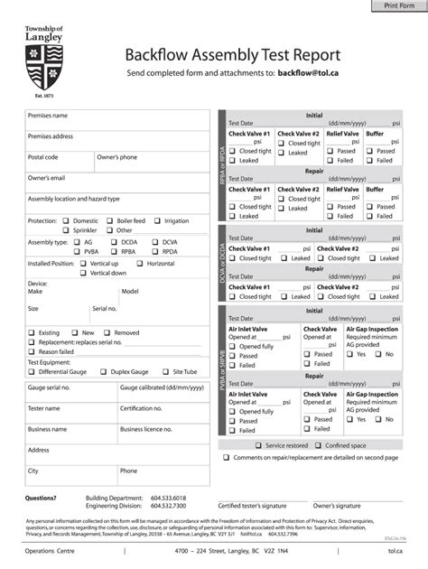 Backflow Assembly Test Report Township Of Langley Fill And Sign Printable Template Online