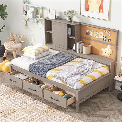 Twin Size Solid Wood Bed Frame with Storage Shelves, Cork Board, USB ...