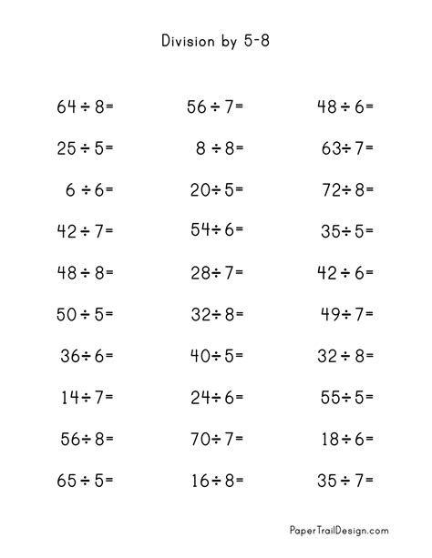 Division Worksheets For Division Facts 1 12 Paper Trail Design
