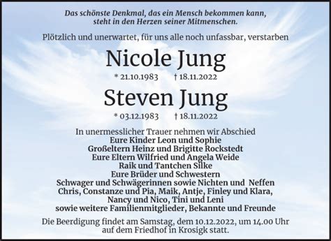 Traueranzeigen Von Nicole Und Steven Jung Abschied Nehmen De