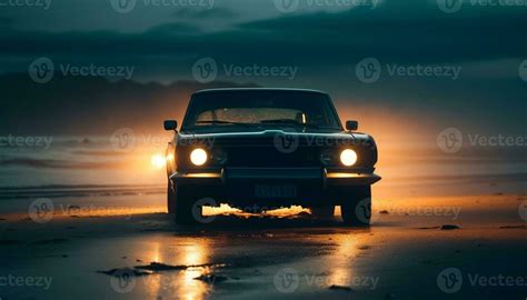 Driving sports car on off road adventure, chasing sunset reflection ...