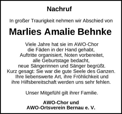 Traueranzeigen Von Marlies Amalie Behnke M Rkische Onlinezeitung