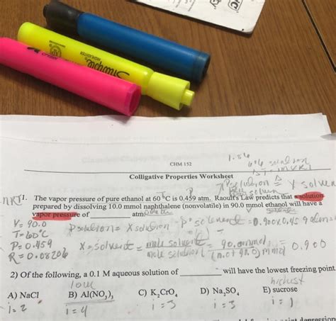 Solved Chm Colligative Properties Worksheet The Vapor Chegg