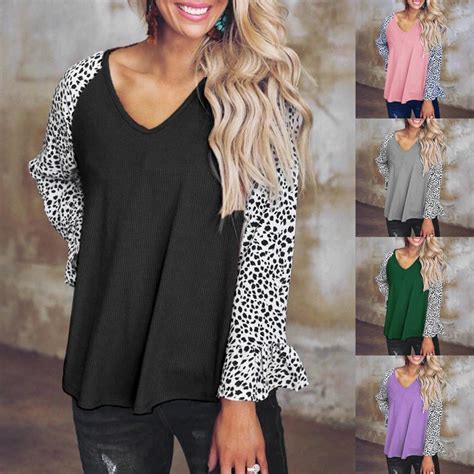 Fashion Womens Loose Leopard Print Splicing V Neck Long Sleeved Casual