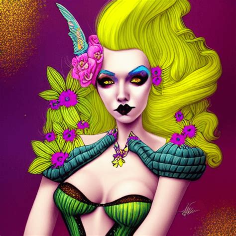 Wunderliches Detailliertes Fantasy Pinup Goth Weibliches Gelbes Haar Mit Blumen Und Glitzer Auf