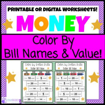 Identifying Dollar Bills Coloring Money Worksheets Special Education