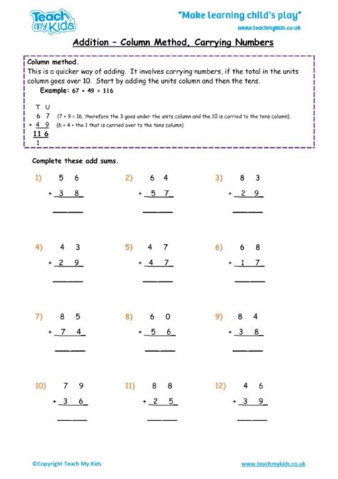 Column Method Addition Worksheets