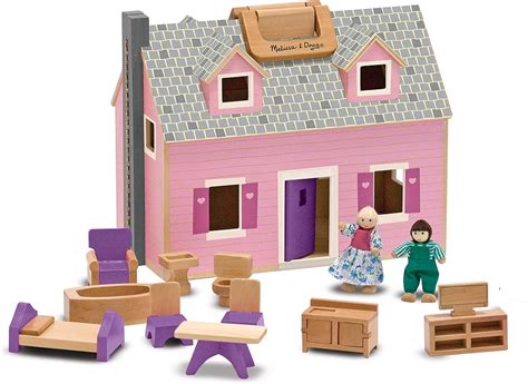 Melissa And Doug Fold And Go Wooden Dollhouse With 4 Dolls And Wooden Furniture Amazonca Toys