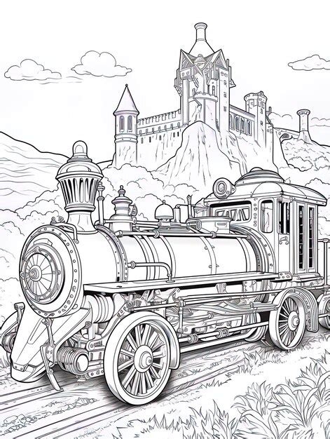 premium ai image  drawing   train   castle   background