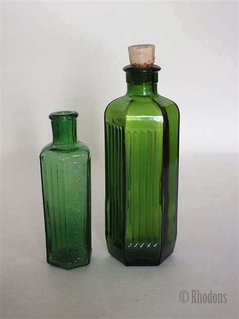 Antique Green Poison Bottles X2 Hexagonal Part Ribbed Green Glass