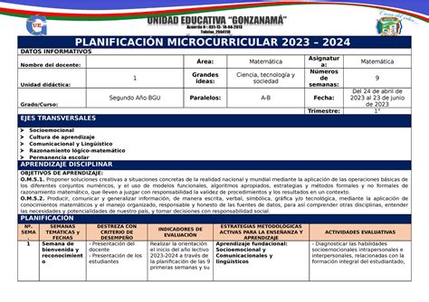 Plan Microcurricular 2023 PlanificaciÓn Microcurricular 2023 2024 Datos Informativos