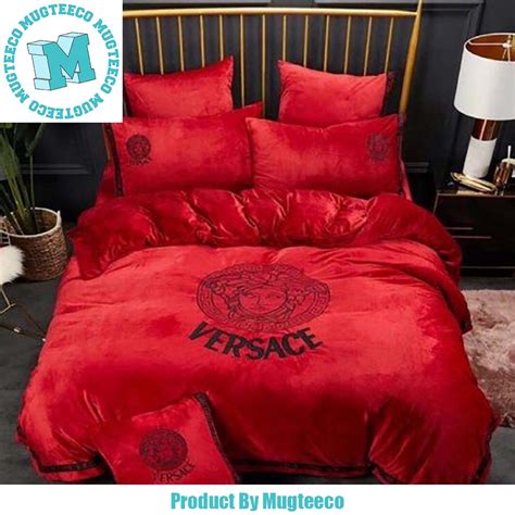 Best Versace Black Logo In Red Background Bedding Set - Mugteeco