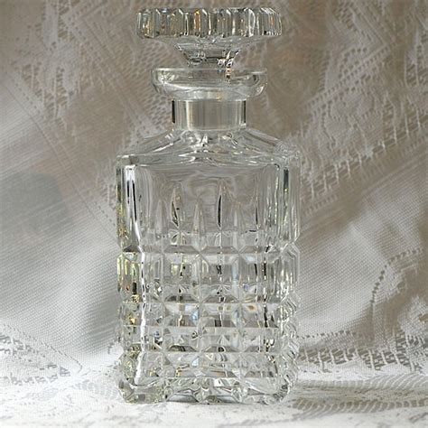 Heavy Vintage Square Block Cut Crystal Whiskey Decanter With