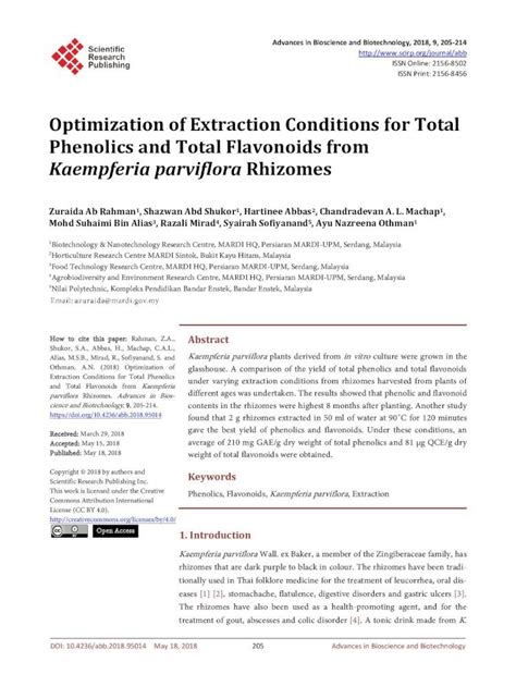 Pdf Optimization Of Extraction Conditions For Total Phenolics